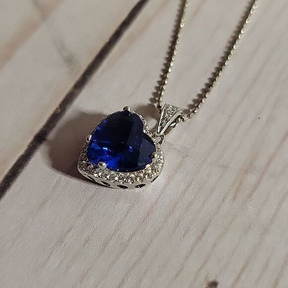 Blue Obsidian & Cubic Zirconia Platinum over 925 Silver Heart Pendant Necklace - Picture 6 of 13